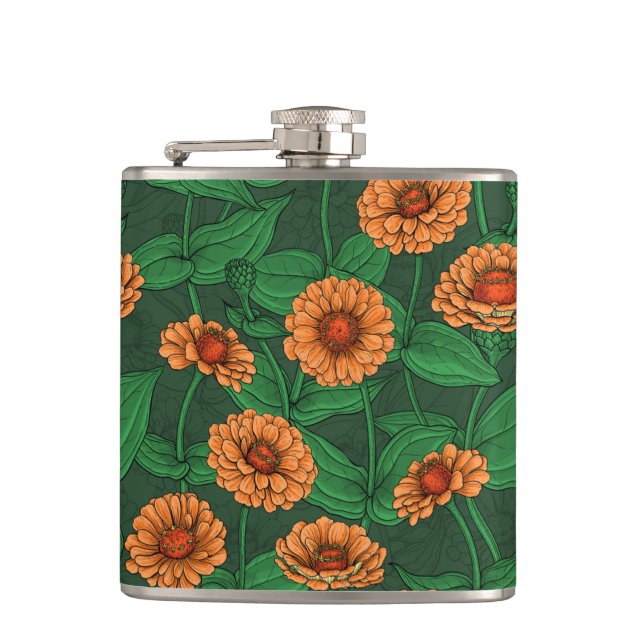 Cantil Flores de Zinnia laranja, folhas verdes em verde e (Frente)