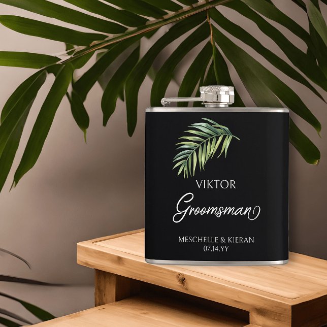 Cantil Folha de padrinho de casamento Qualquer Dica De Co (Groomsman hip flask with tropical palm leaf and calligraphy)