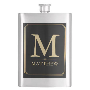Cantil Frasco de Bolso Preto Monograma Dourado Luxo