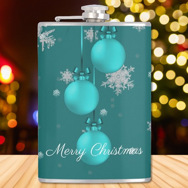 Cantil Frasco de Férias de Enfeites de natal Teais (Teal Christmas Ornaments Holiday Flask)