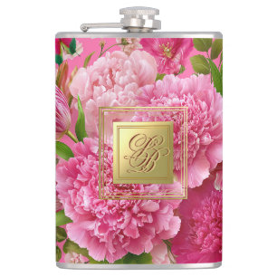 Cantil Frasco de festa com monograma floral rosa e verde 