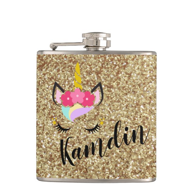 Cantil Frasco de Glitter Dourado do Unicorn Personalizado (Frente)