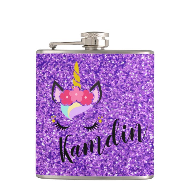 Cantil Frasco de Glitter Roxo do Unicorn Personalizado (Frente)