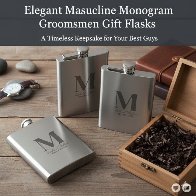 Cantil Frasco de Presente para Padrinhos com Monograma e  (Elegant Masculine Monogram Groomsmen Gift Flask)