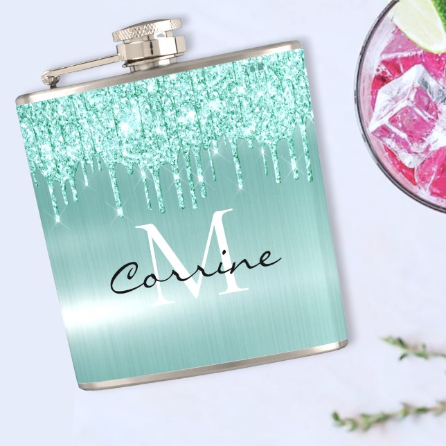Cantil Frasco Personalizado da Glitter Azul Aqua Monogram (Criador carregado)