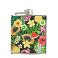 Frutas tropicais, flores e folhas a preto