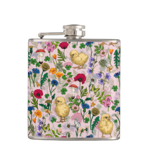 Cantil Galinhas e flores silvestres, de algodão, cor-de-r