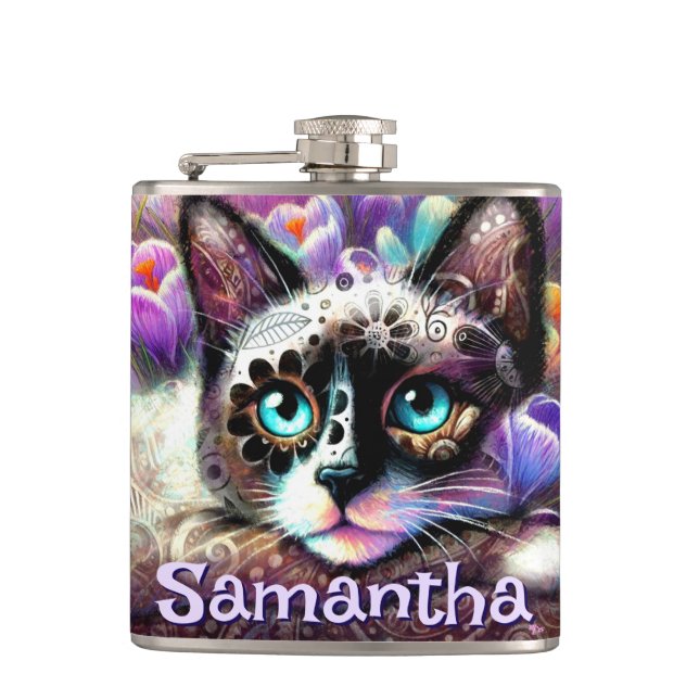 Cantil Gatinho Branco Siamês Gato Crocus Floral Personali (Frente)