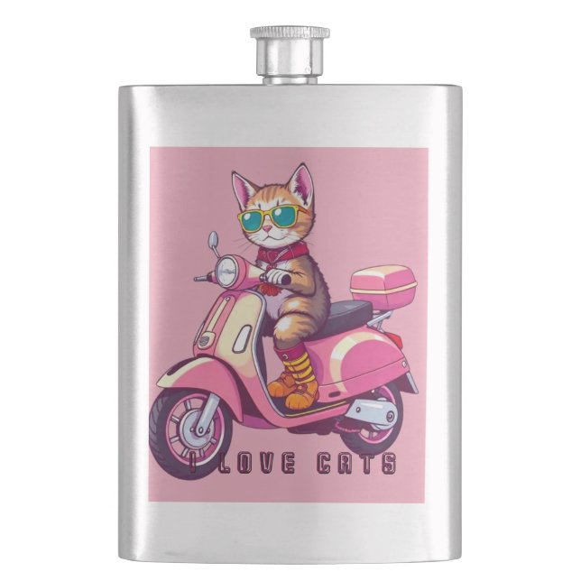 Cantil Gato rosa bonito com óculos e motocicleta (Frente)