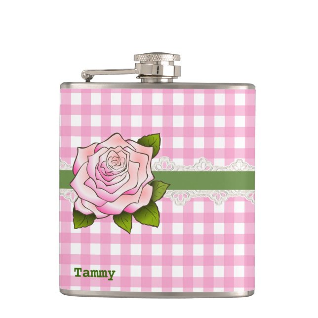 Cantil Gingham Rosa e Fláscara Personalizada de Rosa (Frente)