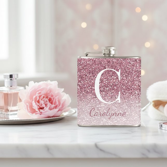 Cantil Girly Rosa Dourado Sparkle Ombre Glitter Monograma (Girly Rose Gold Sparkle Ombre Glitter Monogram Flask)