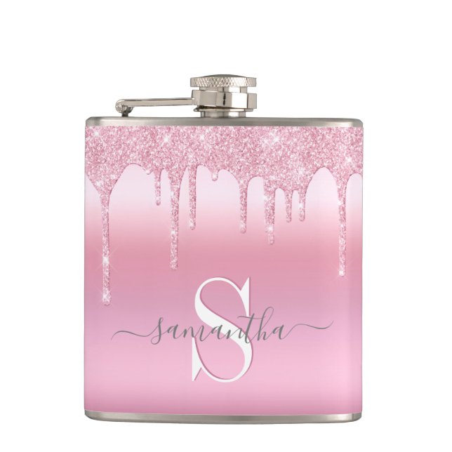 Cantil Glitter Drives Rosa, Flask Personalizado (Frente)