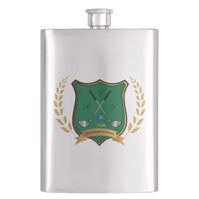 Cantil GOLF Crest com o Flask Laurel Wreath e Clubs (Frente)