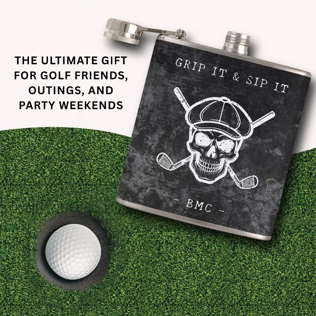 Cantil  Golf Humor Grip It Sip It Custom Initials Black (Grip it, sip it—golf humor with edge.)