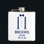 Cantil Gravador de Arco Azul Usher<br><div class="desc">Este frasco é excelente para os contínuos. Se toda a sua festa de casamento vestir trajes a este design com suspensórios e uma gravata arco a azul seria perfeita. Casual, porém formal. Seria excelente para um fim de semana solteiro ou despedida de solteiro. Um presente divertido para um excelente. Pegue...</div>