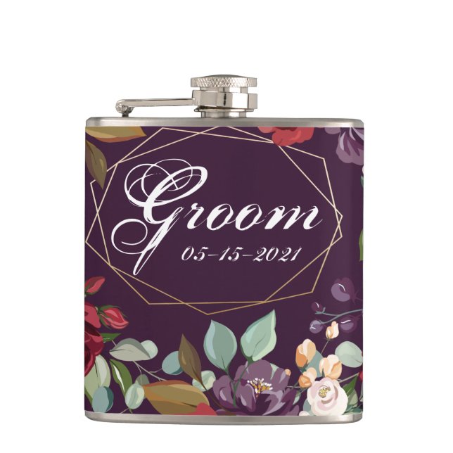 Cantil Groom Whiskey Flask Plum Rosas Roxos Dourados Geom (Frente)