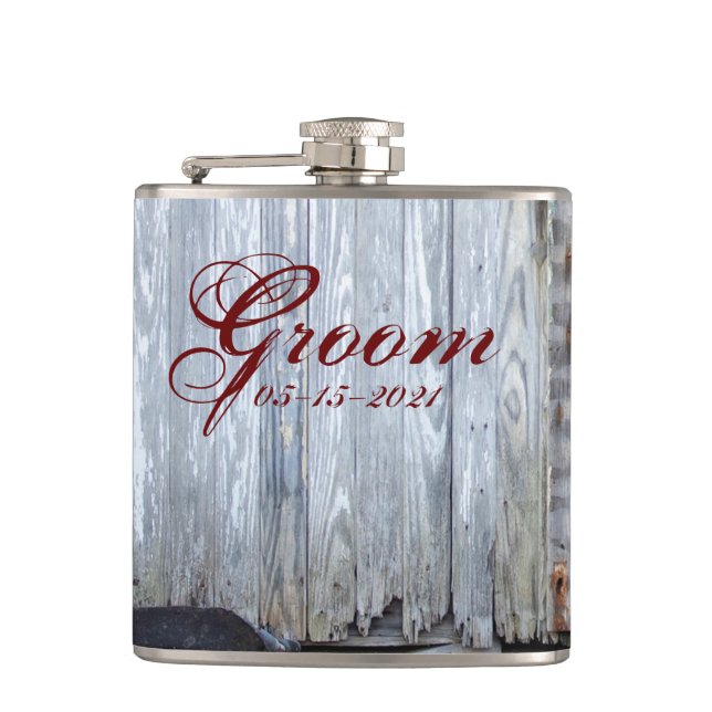 Cantil Groom Whiskey Flask White Wash Wood Barn Door (Frente)