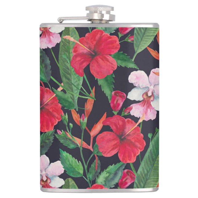 Cantil hibisco vermelho, orquídeas, aquarela tropical. (Frente)