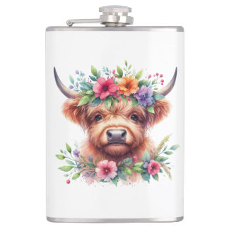 Cantil Highland Cow Head with Floral Crown – Rustic Farmh