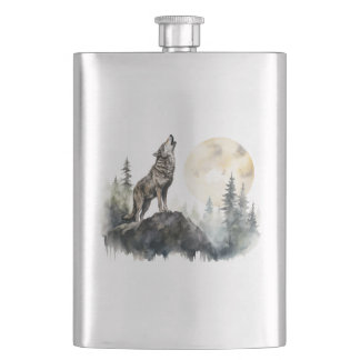 Cantil Howling Wolf Art On Stainless Steel Flask