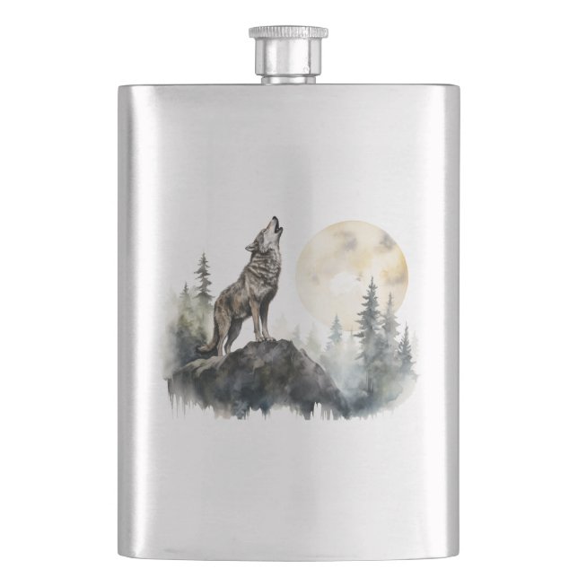 Cantil Howling Wolf Art On Stainless Steel Flask (Frente)