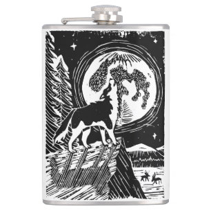 Cantil Husky Uivando em Preto e Branco à Noite Linogravur