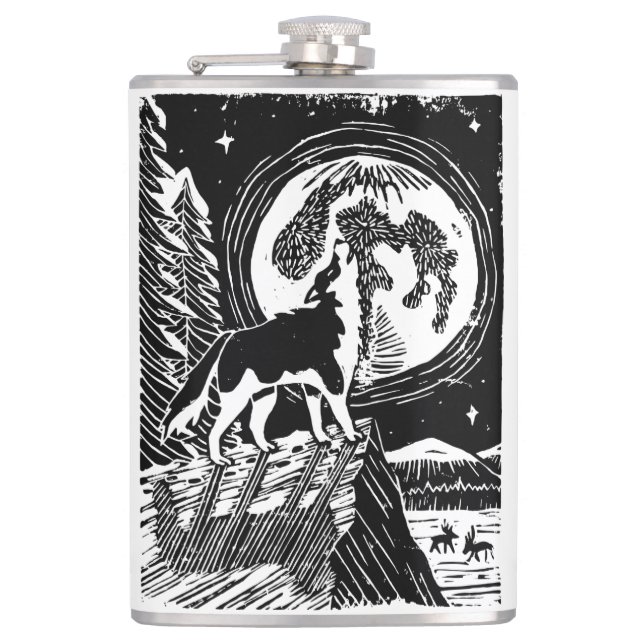 Cantil Husky Uivando em Preto e Branco à Noite Linogravur (Frente)