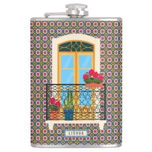 Cantil Janela da casa de Lisboa com plantas e azulejos