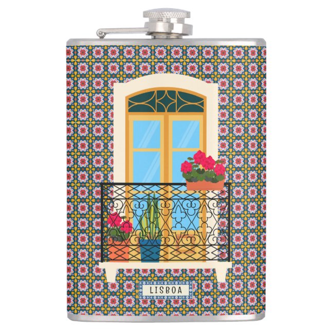 Cantil Janela da casa de Lisboa com plantas e azulejos (Frente)
