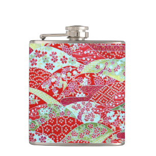 Cantil Japonês Washi Red Floral Origami Yuzen Hip Flask