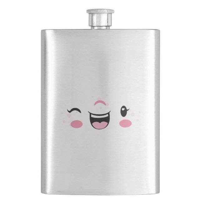 Cantil Kawaii Face Flask Rosa Winking (Frente)