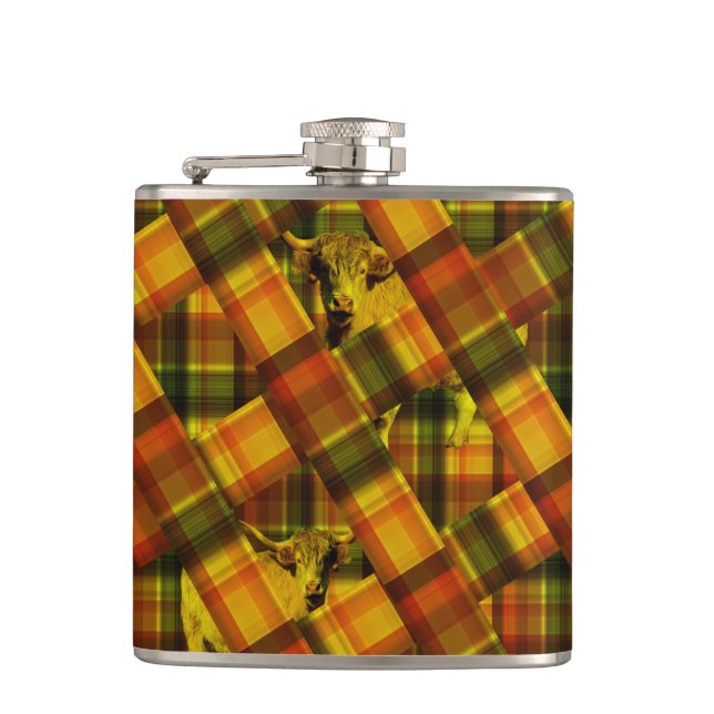 Cantil Laranja Tartan Highland Cows, Hip Flask (Frente)
