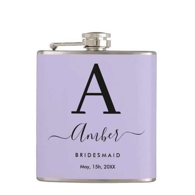 Cantil Lilac Monograma Personalizado Bridesmaid Hip Flask (Frente)