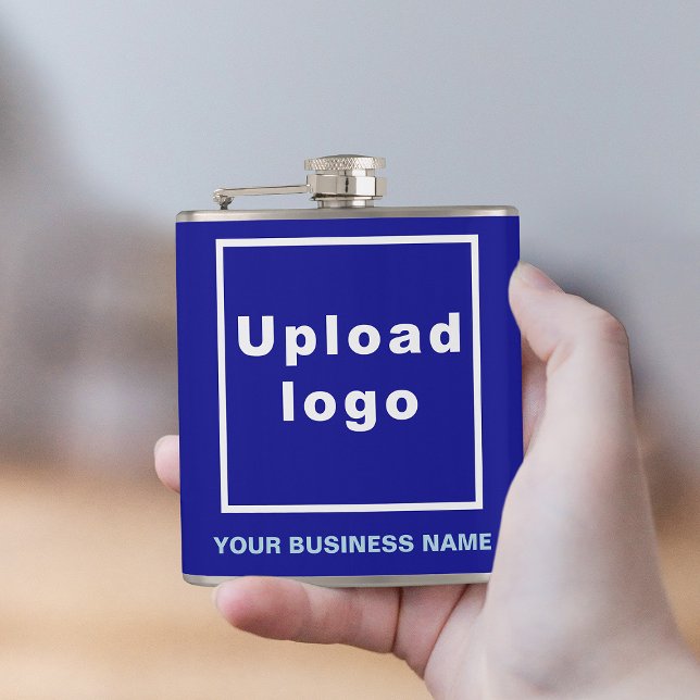 Cantil Marca de negócios azul no frasco de enrolamento de (Your business name and logo on blue vinyl wrapped flask.)