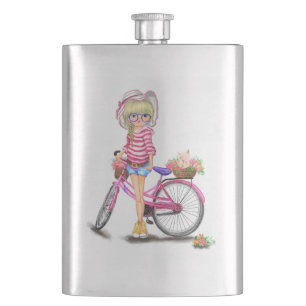 Cantil Menina Loura-Gira com Bicicleta Rosa e Gato nas Fl