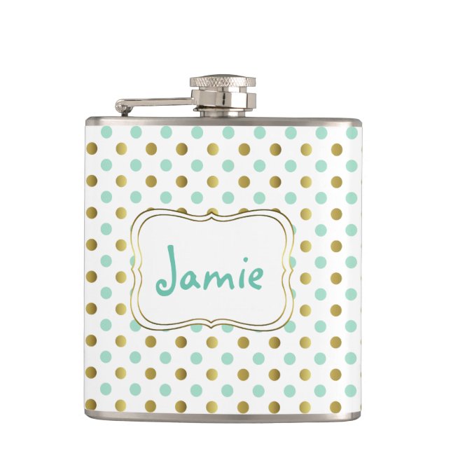 Cantil Mint e Dourado Flask Personalizado de Bolinhas (Frente)