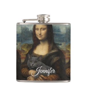 Cantil Mona Lisa segurando um gato cinza elegante