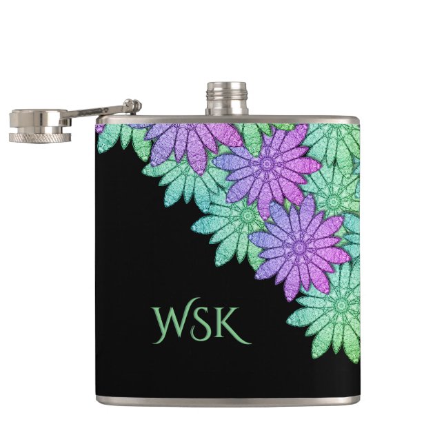 Cantil Monograma de Flores Verdes e Roxas Diversas (Aberto)