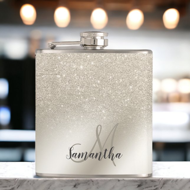 Cantil monograma de folha metálica ombre de marfim pérola (pearl ivory glitter ombre metallic foil monogram flask)