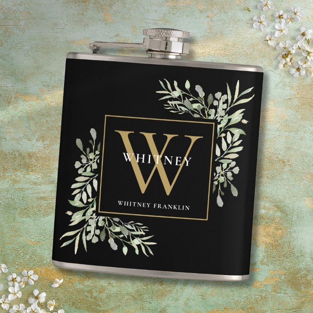 Cantil Monograma Dourado Elegância Moderna Folhagem Preta (Gold Monogram Elegant Modern Greenery Black Flask)