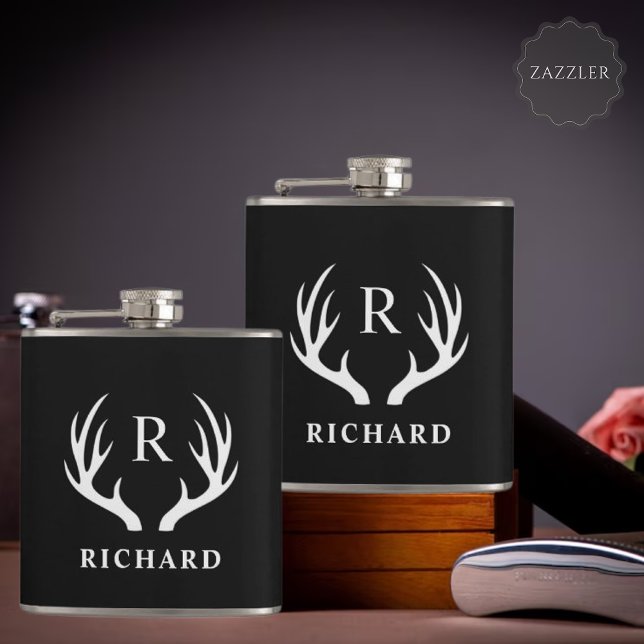 Cantil Monograma Personalizado com Preto-Branco-Cerveja-A (Custom Monogram with Black White Deer Antler Flask)