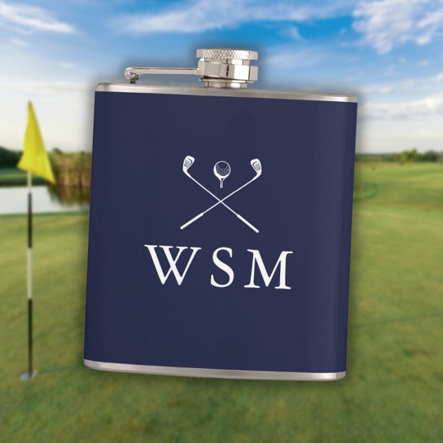 Cantil Monograma Personalizado Pilhas de Golfe Marinho Az (Personalized Monogram Golf Clubs Navy Blue Flask)