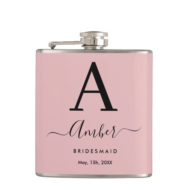 Cantil Monograma Personalizado por Bridesmaid Flask Rosa (Frente)