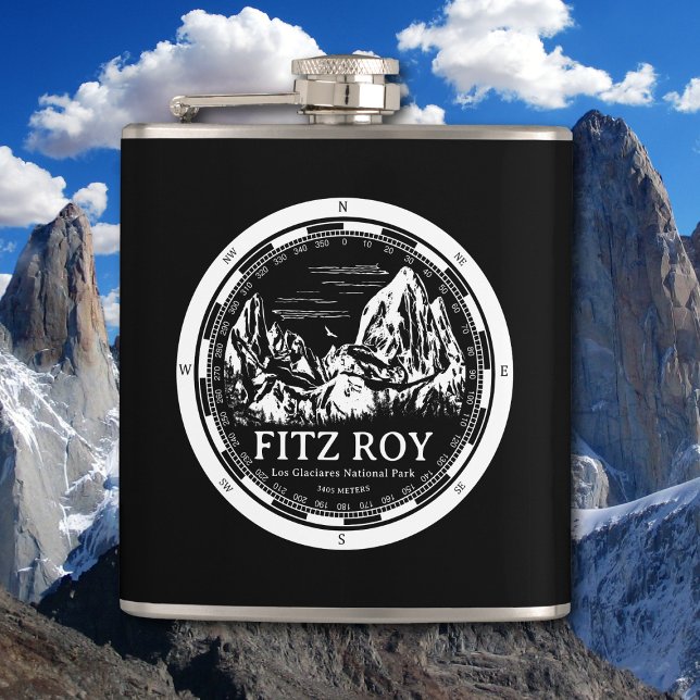 Cantil Monte Fitz Roy - Cerro Chaltén América do Sul (Mount Fitz Roy Flask in Back with a white compass and mountain illustration)