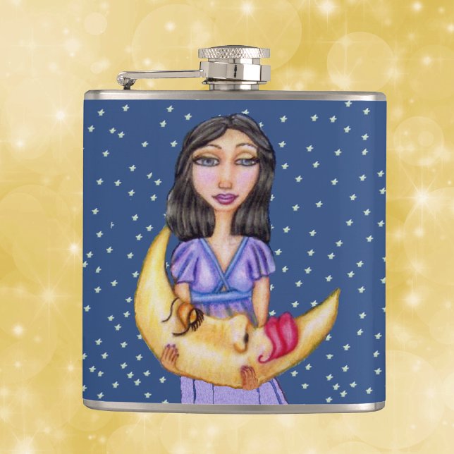 Cantil Mulher de rosto lunar crescente adormecido fantasi (Lady in purple nightgown holding sleeping crescent moon with face stars on blue drinking flask.)