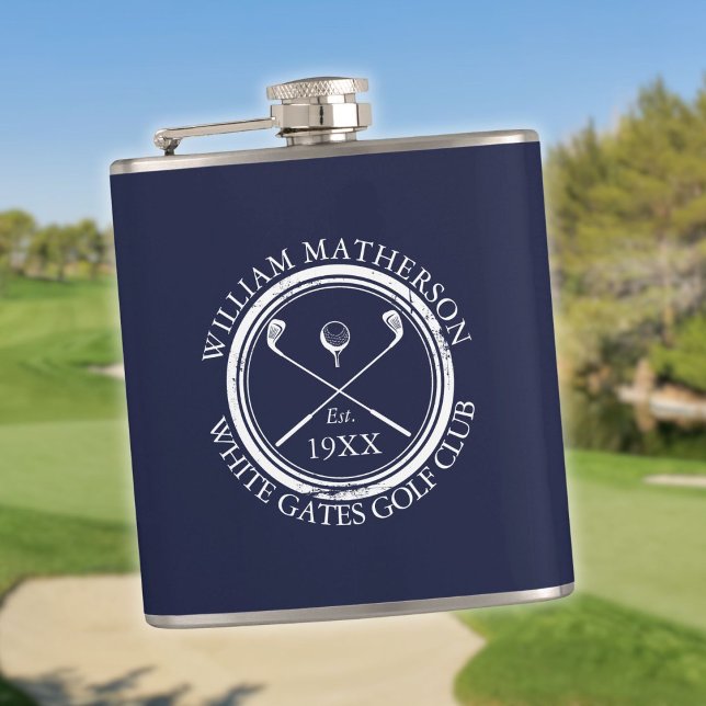 Cantil Nome do Clube de Golfe Azul de Marinho Personaliza (Personalized Navy Blue Golf Club Name Flask)
