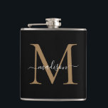 Cantil Nome do script de Na moda do Monograma Dourado Ele<br><div class="desc">Frasco de Nome do Script de Na moda do Monograma Dourado Elegante Preto</div>