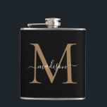 Cantil Nome do script de Na moda do Monograma Dourado Ele<br><div class="desc">Frasco de Nome do Script de Na moda do Monograma Dourado Elegante Preto</div>