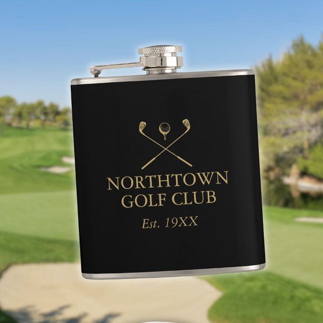 Cantil Nome Personalizado Do Clube De Golfe Preto E Doura (Custom Black And Gold Golf Club Name Flask)