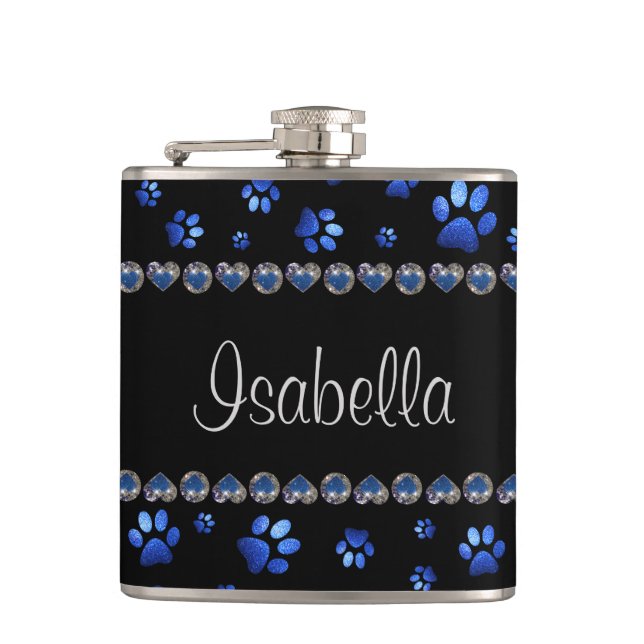 Cantil Nome personalizado, patas de cão com brilho azul (Frente)